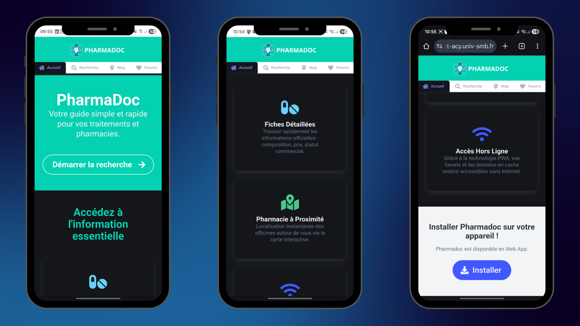 Aperçu de l'application Pharmadoc sur smartphone